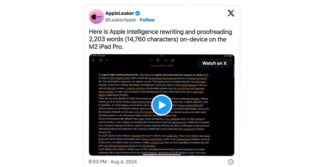 有爆料客於 X 平台上指出，蘋果 AI 賦予 M2 iPad Pro 擁有極強的改寫字符能力，甚至比三星 Galaxy AI 厲害 30 倍。
