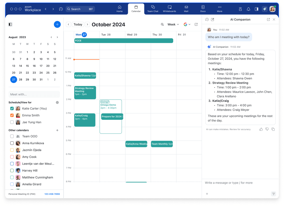 AI Companion 可匯總 Zoom Workplace 中的互動內容，快速總結資訊並提供答案。