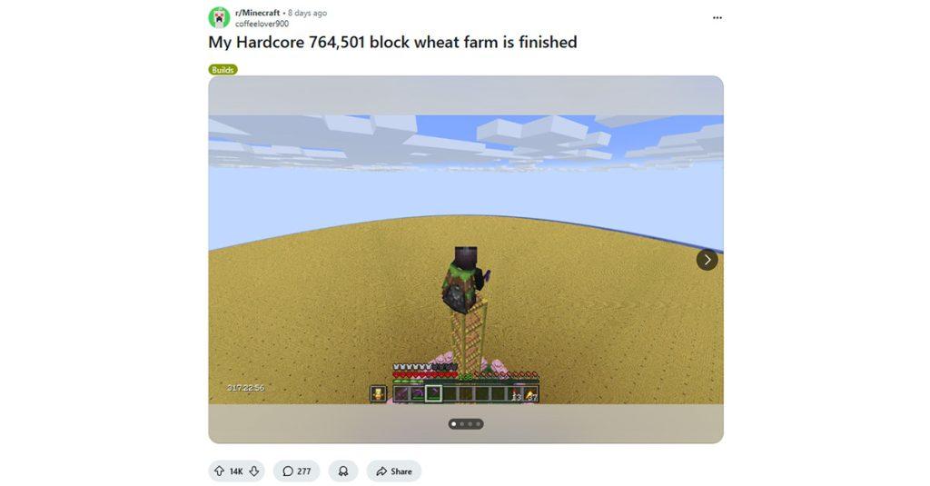 沙盒遊戲《Minecraft》玩家打造了創造了一個764,501塊的大型小麥農場。