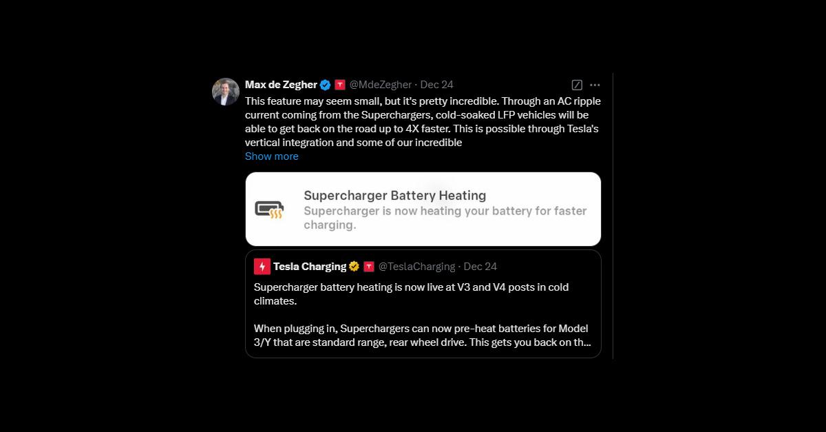 特斯拉充電部門總監Max de Zegher在X平台上解釋了電池加熱新功能的運作方式。